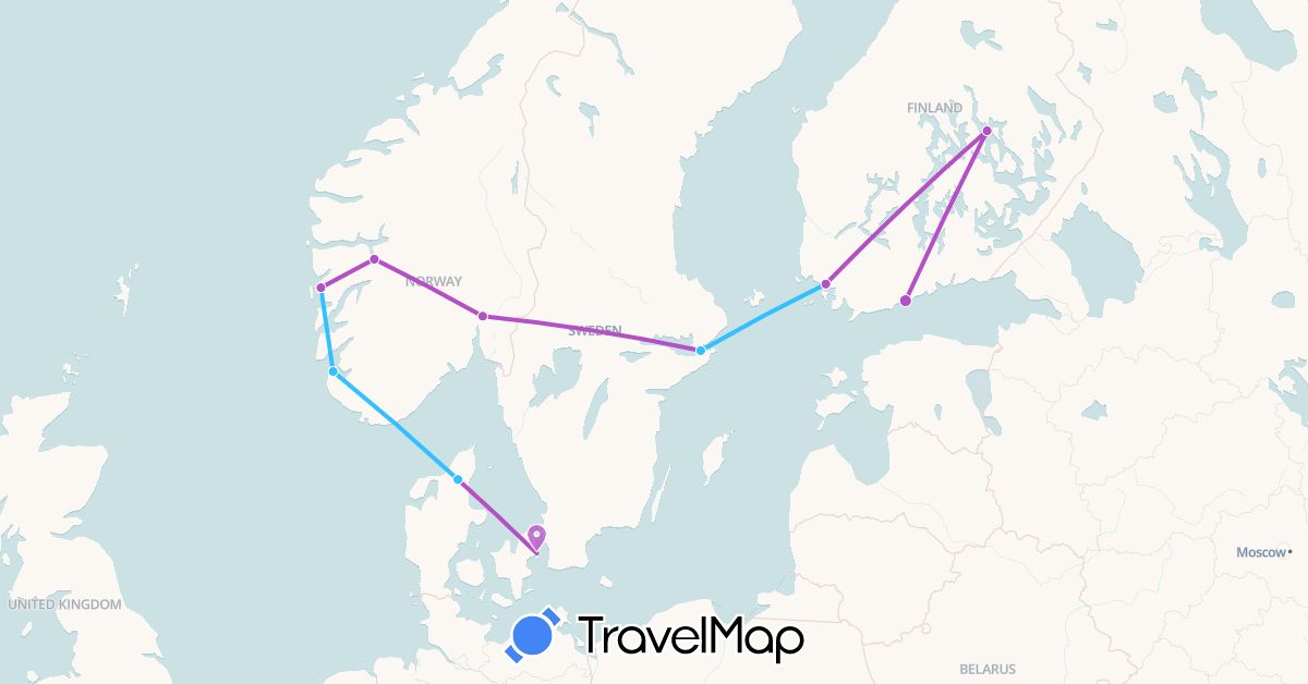 TravelMap itinerary: driving, train, boat in Denmark, Finland, Norway, Sweden (Europe)